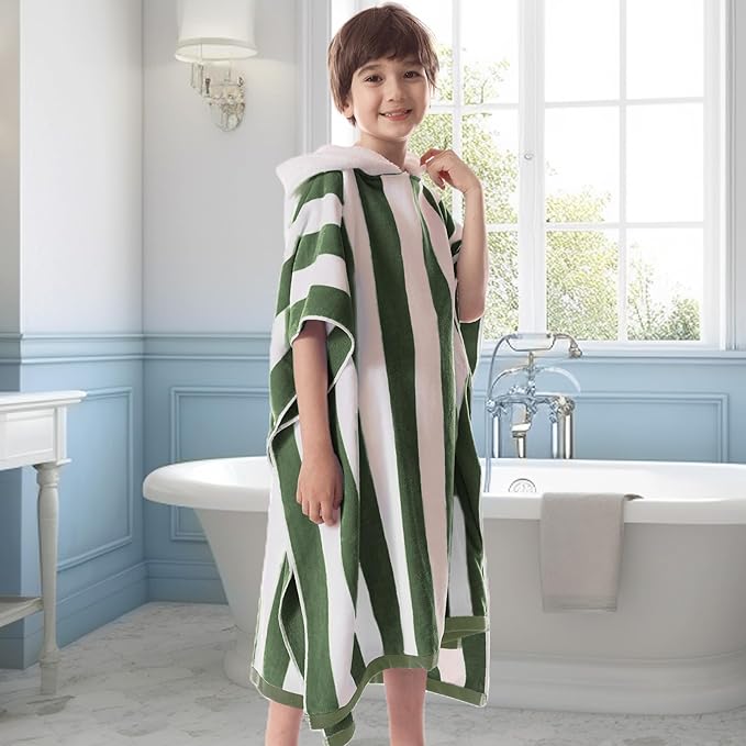 VOOVA & MOVAS Teens Hooded Towel Poncho | Soft, Absorbent Cotton Towel Robe | 8-16Years | Versatile for Pool, Swim,Beach and Bathroom | Hunter Green Cabana Stripe