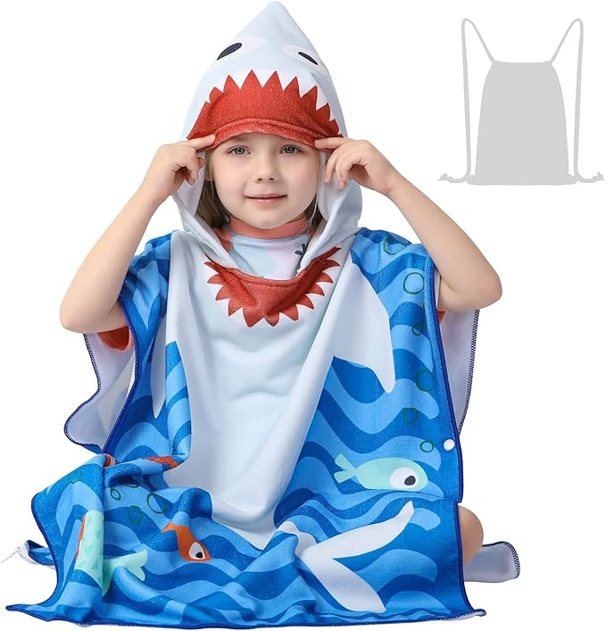 Toddler Bath Beach Towel Poncho with Hood, Kid Bath Pool Swim Bathrobe Cover-ups Swimwear (GREY SHARK)