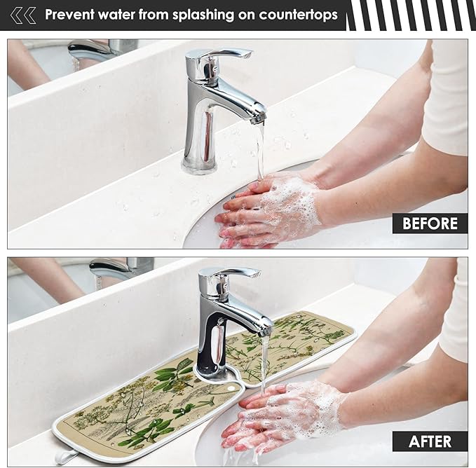 Kitchen Faucet Absorbent Mat, Antique Botanical Water Splash Guard for Sink, Faucet Drip Catcher Thicken Sponge Microfiber Faucet Water Catcher Mat Sink Absorbent Mat for Kitchen 14x5in 2 Pack