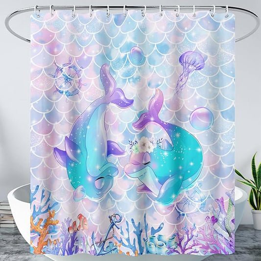 AILONEN Cute Dolphin Shower Curtain,Kawaii Ocean Dolphin Bathroom Curtain for Kids Girls Women,Cartoon Fish Scale Mermaid Bath Curtain 48" W*72" H Polyester Waterproof Shower Curtain with 12 Hooks