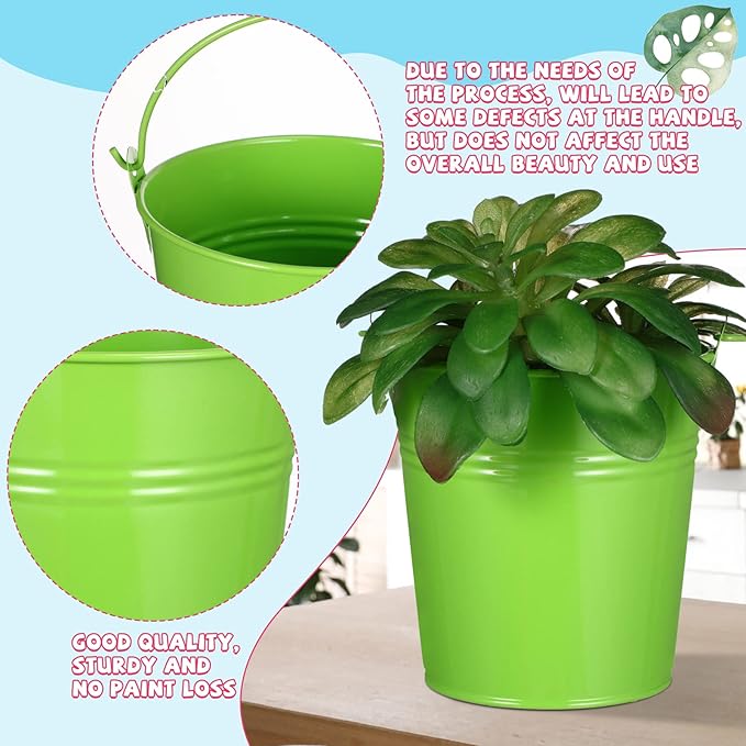 Therwen 24 Pieces Small Metal Buckets with Handle Colored Galvanized Bucket Round Metal Pail for Kids Classroom Candy Crafts,Utensils, Vase Party Favor(4.13 Inch,with Handle)