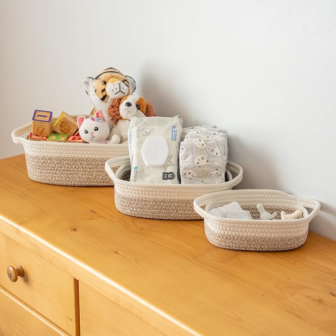 OrganiHaus Set of 5 Rectangle Bathroom Storage Baskets for Organizing, Small Woven Baskets for Storage Basket for Bathroom, Nursery Storage Basket for Baby Nursery Organization, Cute Bin, Brown/White