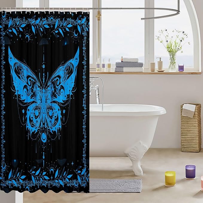 Feelyou Boho Blue Butterfly Bathroom Waterproof Accessories with 12 Hooks Bohemian Moth Shower Curtain for Kids Boys Girls Moon Galaxy Fabric Shower Curtain Black and Blue Curtains,72X72 Inches