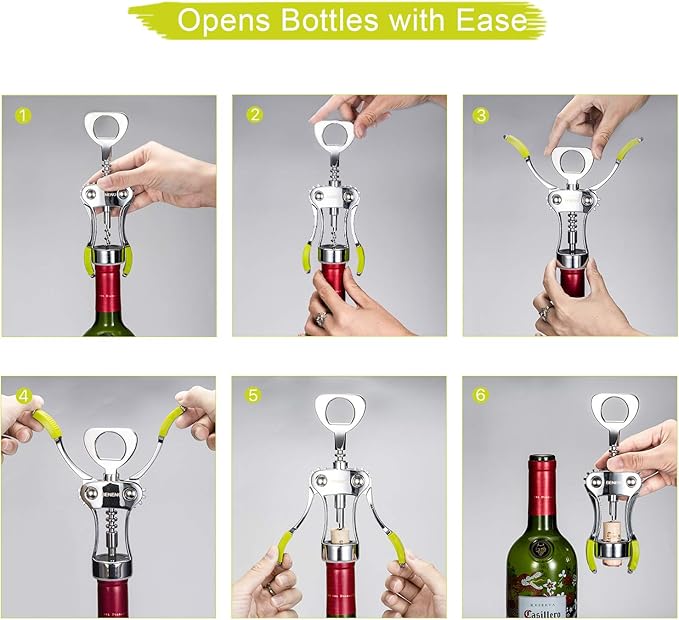Wine Opener, Zinc Alloy Premium Wing Corkscrew Wine Bottle Opener with Multifunctional Bottles Opener, Sharp Corkscrew with Ergonomic Non-slip Wing Handle, Upgrade Green