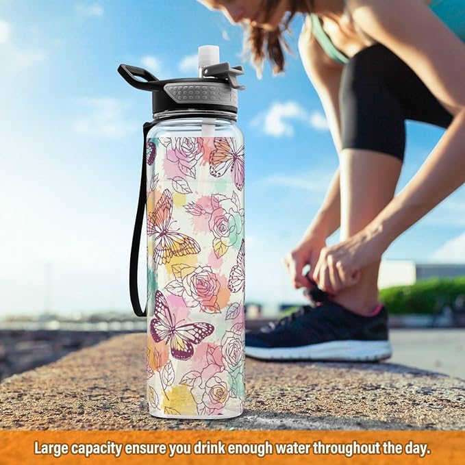 Water Bottle with Straw Butterflies Roses Sports Bottles BPA-Free Tritan Vintage Water Jug with Carrying Strap for Women Men Gym Outdoor Sports