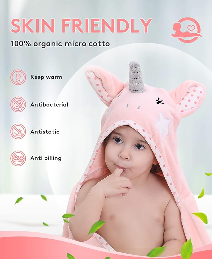 Hooded Towel for Kids 100% Cotton Ultra Soft with Unique Animal Design Large for Infants 3-10 Years (Unicorn)