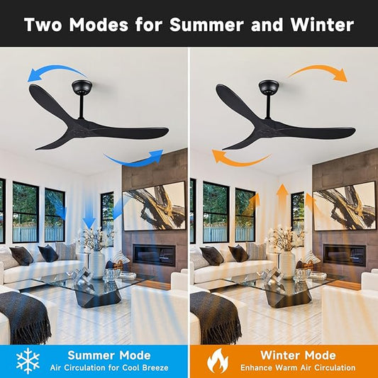 Bigzone 52" Outdoor/Indoor Black Ceiling Fans Without Lights with Remote Control, Energy Efficient DC Motor 27W, Smart Ceiling Fan With Reversible Blades