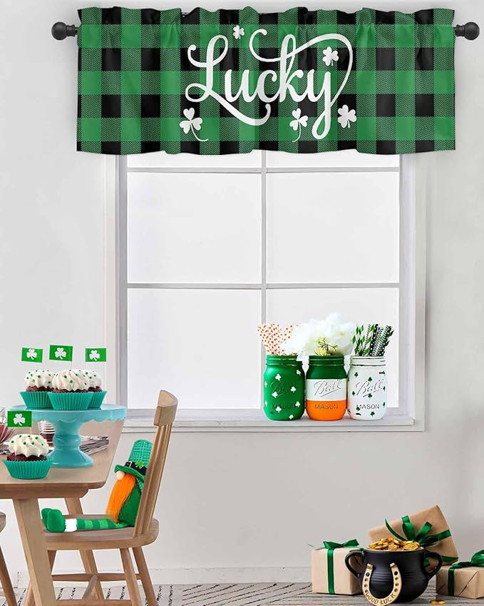 St. Patrick's Day Buffalo Plaid Kitchen Curtains Valances for Windows Lucky Shamrocks Clover Rod Pocket Window Treatment for Kitchen /Living Room/Bedroom/ Bathroom, 54" X 18", Rustic Green Black