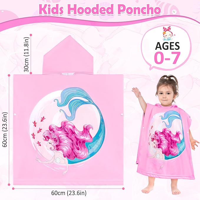 HUANLANG Kids Hooded Beach Towel for Boys Girls,Bath Pool Beach Poncho Towels Super Soft & Absorbent Cotton Towel Childrens Mermaid Beach Towels for Toddler 0-7 Years Old