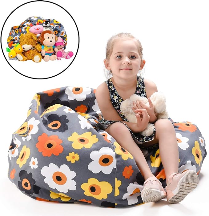 YuppieLife Kids Storage Bean Bag Cover(No Filling)Toy Organizer|Carrying Handle Sofa|Available for Kids and Teenager|Cuddle Chair|Machine Washable and Durable(38“,Grey Flora)