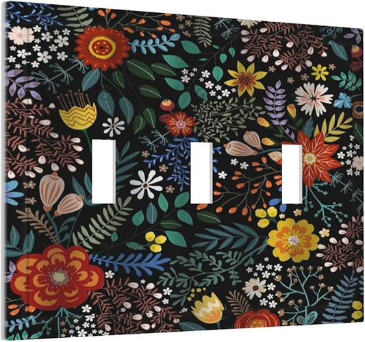 Vintage Colorful Flower Boho Floral Rustic Dark Leaves 3 Gang Light Switch Covers Triple Toggle Wall Plate Decorative Switchplate Electrical Faceplate for Farmhouse Country Bedroom Decor