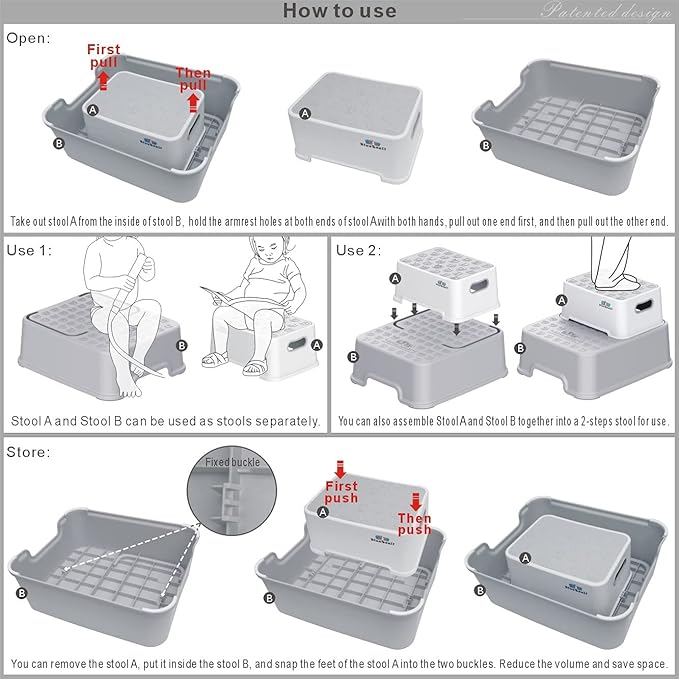 BlueSnail Double up Step Stool for Kids, Anti-Slip Sturdy Toddler Two Step Stool for Bathroom,Kitchen and Toilet Potty Training(Gray)
