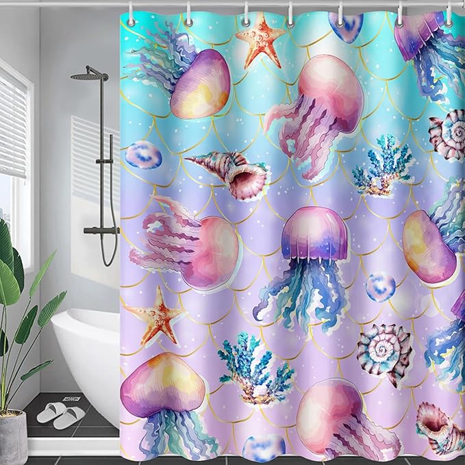AILONEN Ocean Jellyfish Shower Curtain for Bathroom, Cute Jellyfish Mermaid Printed Bathroom Curtain,Girls Women Kids Coral Bath Curtain 72"W*78"H Polyester Waterproof Bathroom Curtain With 12 Hooks