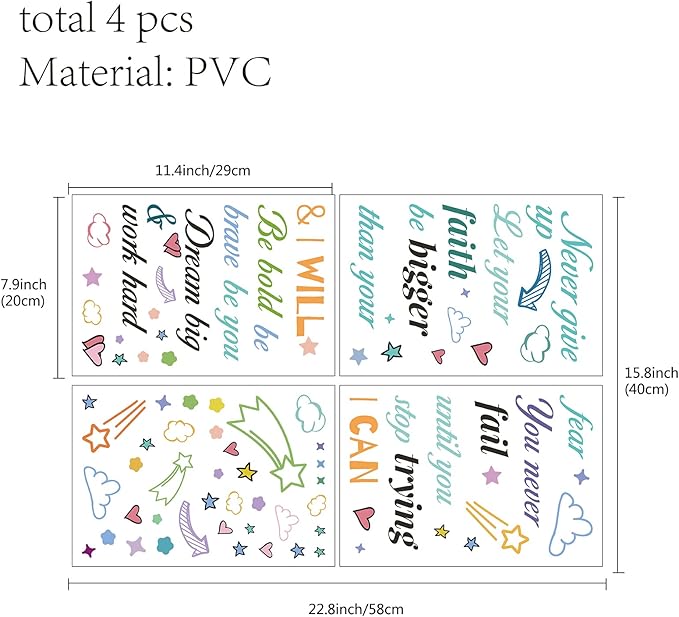 CREATCABIN 4pcs Vinyl Wall Decals Inspirational Quotes Wall Stickers Self-Adhesive Peel and Stick Watercolor Mural Decoration for Bedroom Living Room Kitchen Wardrobe Door Playroom Classroom