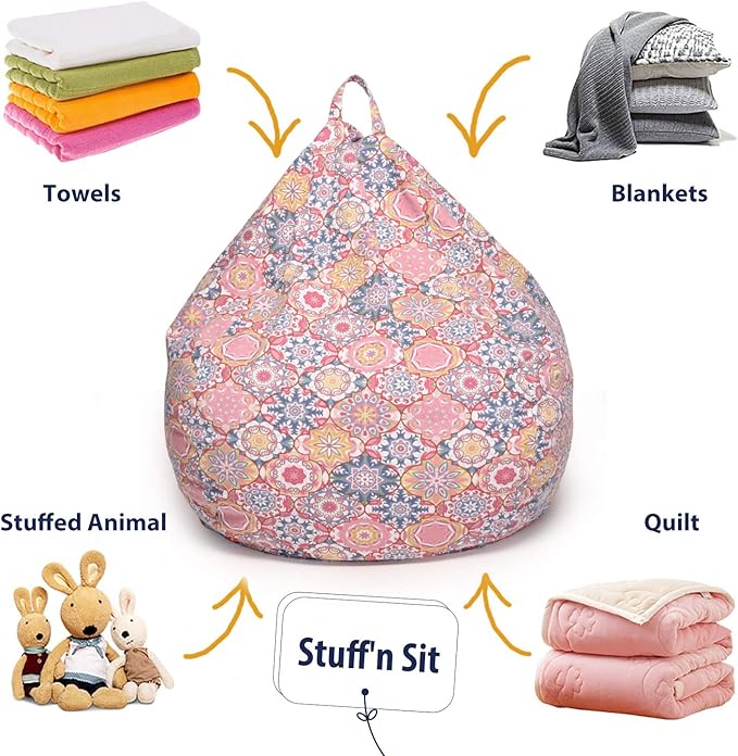 YuppieLife Kids Storage Bean Bag Cover(No Filling) Toy Organizer|Carrying Handle Sofa|Available for Kids and Teenager|Cuddle Chair|Machine Washable and Durable(27“,Pink Flowers)