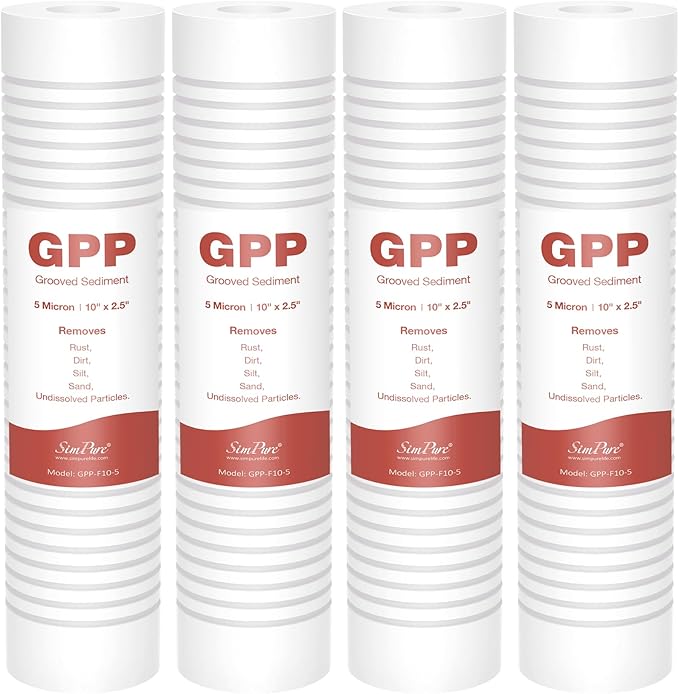 SimPure Grooved Sediment Water Filter Cartridge, 5 Micron Whole House Water Filter Universal Replacement 10"x2.5" for 10 inch RO Unit, Whole House Under-Sink Filtration System (4 Pack)