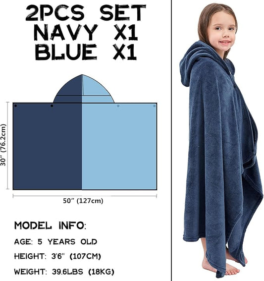 Hiturbo 2Pcs Kids Fleece Hooded Towel: Soft Plush Warm Blanket - 50"x30" Pool Beach Bath Swim Towel Wrap for 3-12 Yrs (Navy+Blue)