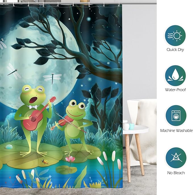 Aimego Long Funny Shower Curtain - Cute Cartoon Frogs Lotus Leaf Floral Pond Moon Fun Fabric Cloth Shower Curtain Set with 12 Hooks for Kids Bathroom Decor Accessories Bathtub Curtain, 72"x78"