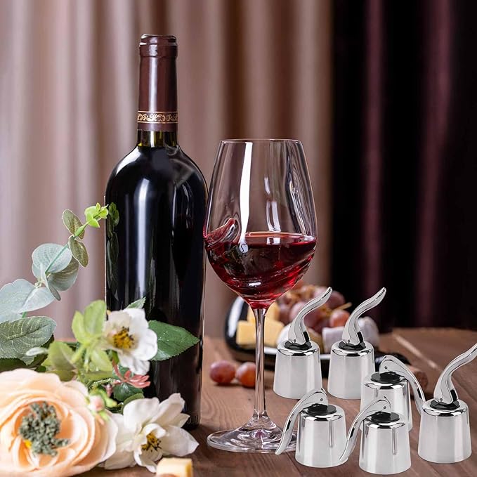 6Pcs Plastic Wine Stoppers, Reusable Wine Bottle Stopper with Silicone Seal, Wine Saver and Decorative Bottle Sealer, Beverage and Wine to Keep Fresh (Silver)