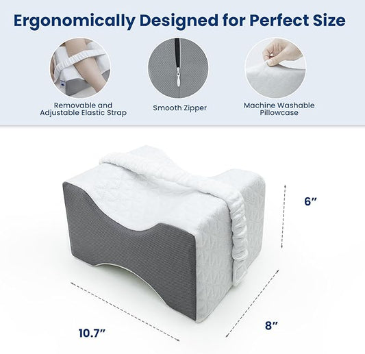 Knee Pillow for Side Sleepers,Knee Pillow,Leg Pillow for Side Sleeping,Memory Foam Support Ergonomic Pillow with Cover and Adjustable Straps,Smooth Spine Alignment Pillow,White/Gray