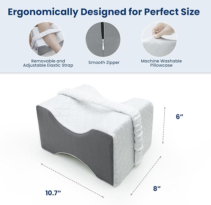 Knee Pillow for Side Sleepers,Knee Pillow,Leg Pillow for Side Sleeping,Memory Foam Support Ergonomic Pillow with Cover and Adjustable Straps,Smooth Spine Alignment Pillow,White/Gray
