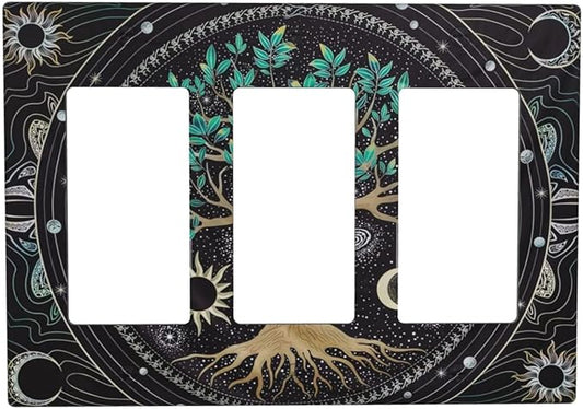 Tree of Life Blackground 3 Gang Rocker Light Switch Plate Hippie Sun Moon Star Triple Decora Outlet Wall Plate Cover Faceplate Decorative Switchcovers GFCI for Bathroom Bedroom Living Room Decorate
