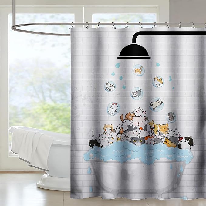 AILONEN Cute Cats Shower Curtain Raining for Kids 36" W*72" H Inch,Kawaii Hilarious Pet Playing Water Shower Curtain,12 Pack Hooks Polyester Waterproof Fabric Decor for Bathroom Bathtub Panels