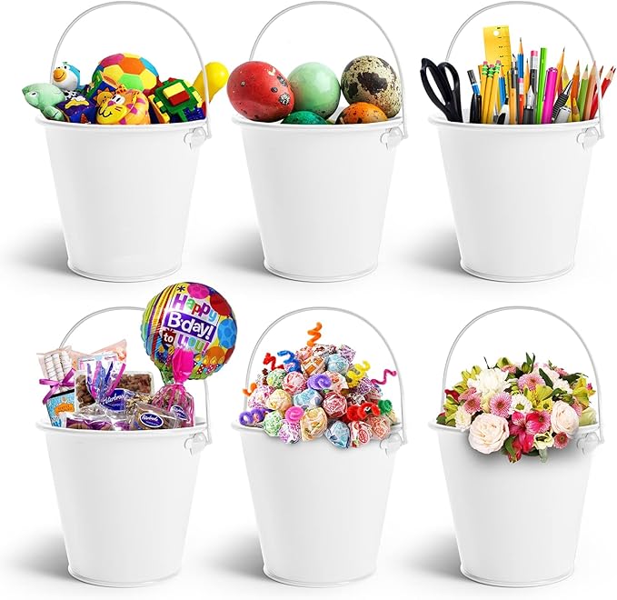 Small Metal Buckets with Handle 6 Pcs – Galvanized Bucket Leak Proof & Rust Resistant 20 fl oz Capacity - Best for Party Décor, Organizing & Decorating Classrooms (White, Small 4.3" Top)