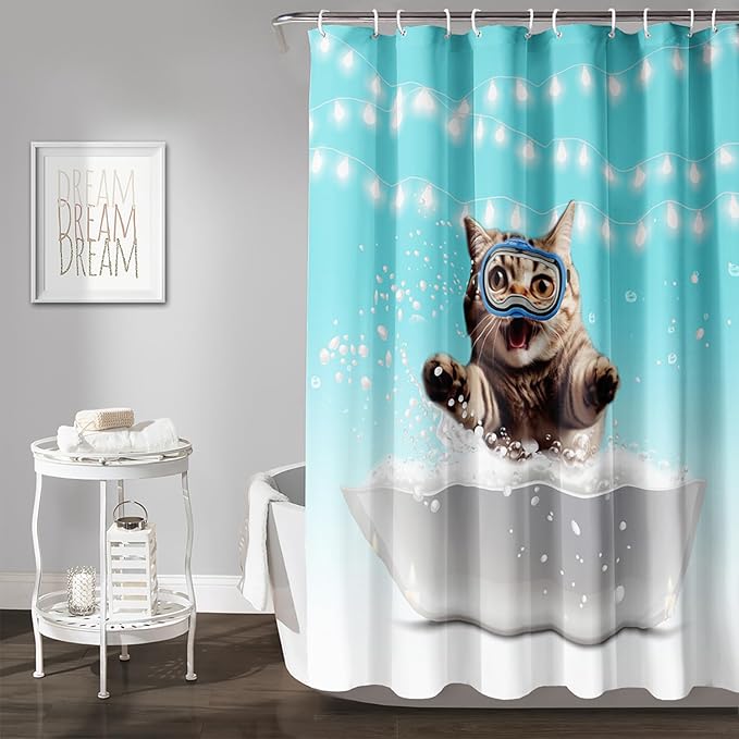 AILONEN 3D Bathtub Cat Shower Curtain for Kids 72" W*96" H Inch,Kawaii Diving Cat Leaps Out of Bathtub Shower Curtain,12 Pack Hooks Polyester Waterproof Fabric Decor for Bathroom Bathtub Panels