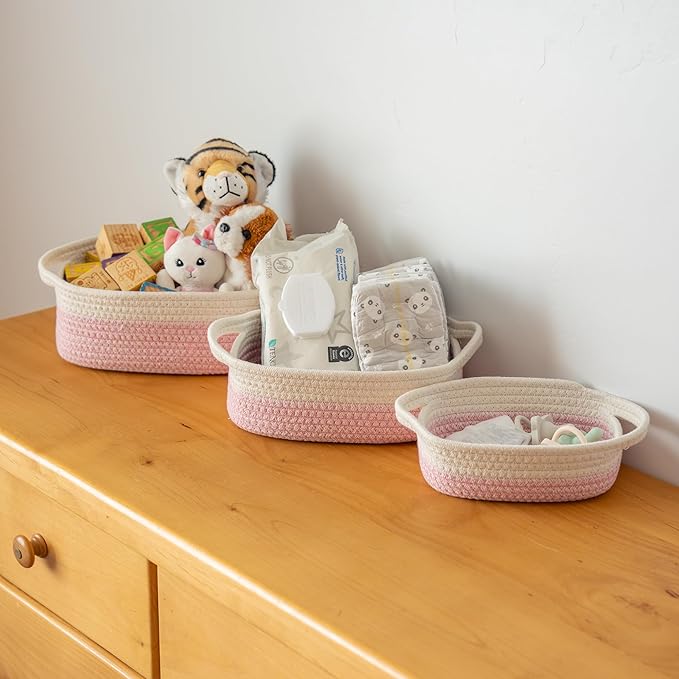 OrganiHaus Set of 5 Rectangle Bathroom Storage Baskets for Organizing, Small Woven Baskets for Storage Basket for Bathroom, Nursery Storage Basket for Baby Nursery Organization, Cute Bins, Pink/White