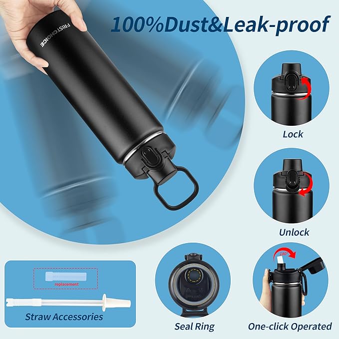 Insulated water bottle with Straw,24oz Stainless Steel Water Bottle for Adult Kids,Double Wall Vacuum Wide Mouth Insulated Water Bottle for Sports,BPA-free and Leak-proofοΌ24oz,BlackοΌ