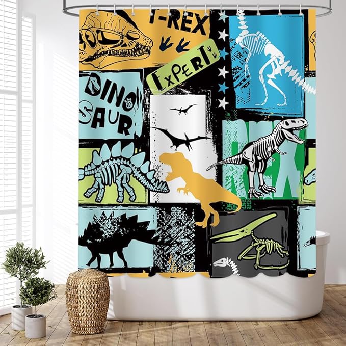 MEHOFOND Dinosaur Shower Curtain Funny Dino for Kids Boys Black Shower Curtain Plant Leaf Jungle Cartoon Colorful Bathroom Decor with Hooks Waterproof Fabric 72x72 inch