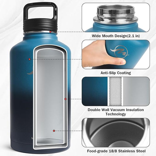 Insulated Water Bottle 64 oz with Straw Lid (3 Lids), Half Gallon Jug Flask, Large Metal Stainless Steel Bottle, 64 oz Double Wall Vacuum Sports Thermo Mug, Cold 48H Hot 24H (Indigo Black)