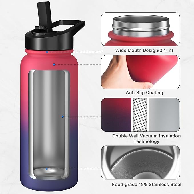 40oz Insulated Water Bottle with 3 Lids(Straw, Hand and Spout Lid), Double Vacuum Stainless Steel Metal Water Flask(BPA-free, CPC) for Sports, Camping, Hiking, Cycling, Fitness and more(Dark Rainbow)