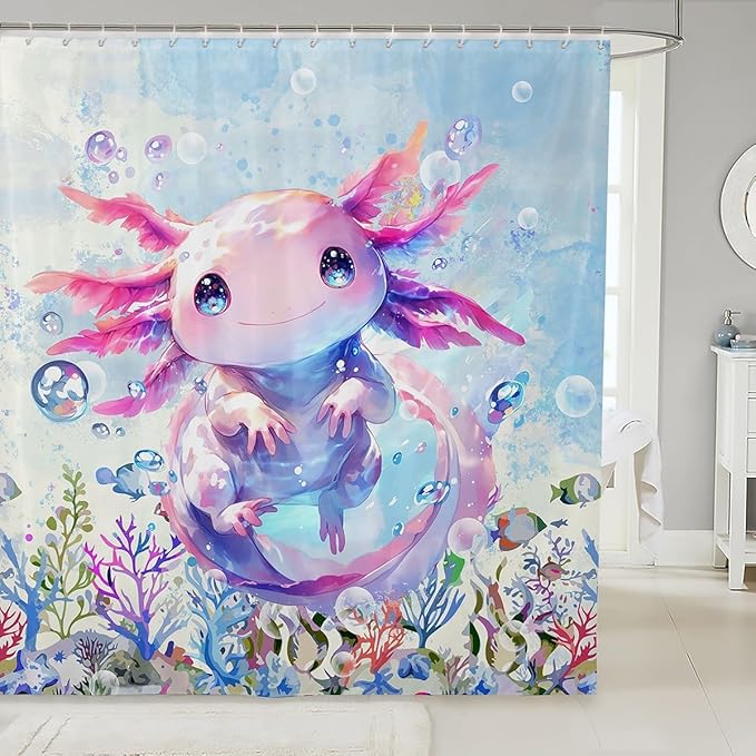 Feelyou Boys Girls Cute Axolotl Shower Curtain Ocean Sealife Bathroom Shower Curtain Set Kids Kawaii Bath Curtain Cartoon Salamander Teens Bathroom Accessories Room Decor 72"x72"
