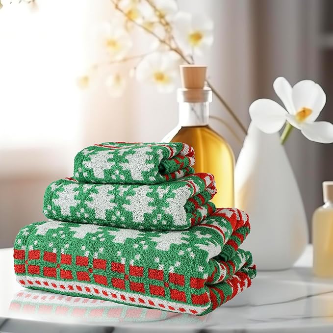 Luxury Christmas Tree Snowflakes Green Pattern Bath Towel Sets for Kids, 1 Bath Towels 1 Hand Towels 100% Cotton Ultra Soft Fluffy Highly Absorbent Towel for Women Elderly Gift