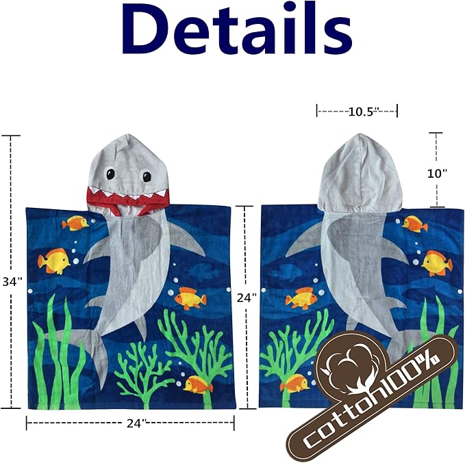 Soft Cotton Catroon Shark Towel Poncho for Kids Bath Beach Pool Swim with Drawstring Bag