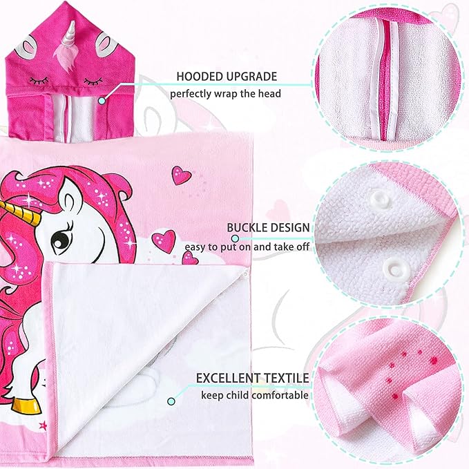 NovForth Kids Beach Towel for Boys Girls, Pink Unicorn Hooded Bath Towel Wrap, Toddler Pool Towel with Hood