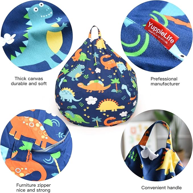 YuppieLife Kids Storage Bean Bag Cover(No Filling)Toy Organizer|Carrying Handle Sofa|Available for Kids and Teenager|Cuddle Chair|Machine Washable and Durable(38“,Dinosaur)