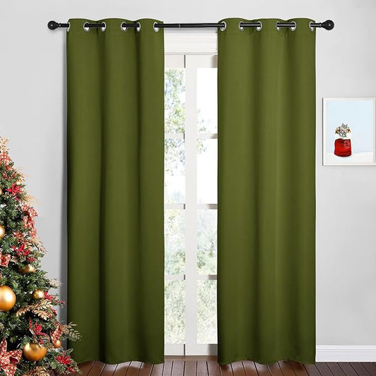 NICETOWN Window Curtain Panels, Christmas Window Decoration Thermal Insulated Solid Grommet Blackout Draperies/Drapes (One Pair, 34 by 84-inch, Olive Green)