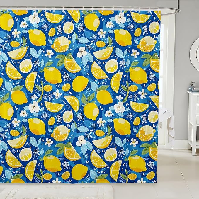 Feelyou Lemons Shower Curtain Fruits Fabric Shower Curtain for Kids Boys Girls Floral Flowers Bathroom Waterproof Accessories with 12 Hooks Blue and Yellow Curtains,72X78 Inches