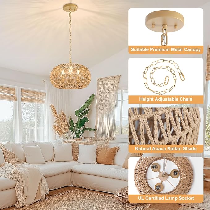 Rattan Farmhouse Chandeliers for Dining Room, 3-Light Boho Chandelier with Wicker Lampshade, Coastal Hanging Ceiling Pendant Light Fixtures for Kitchen Island Bedroom Living Room, E12 Base