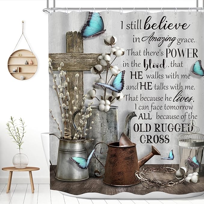 MESHELLY Rustic Farmhouse Christian Shower Curtain 60Wx72H Bible Verse Blue Butterfly Bathroom Curtain Vintage Inspirational Quotes Scriptures Motivational Country Fabric Bathroom Decor with 12 Hooks