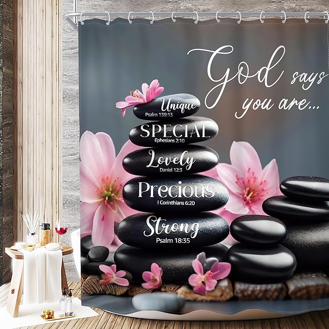 MESHELLY Zen Black Pink Shower Curtain 60Wx72H Scripture Flower Spa Relaxing Meditation Massage Bathroom Curtain Quotes Stone Bible Verse Bath Curtain Fabric Bathroom Accessories Decor with 12 Hooks