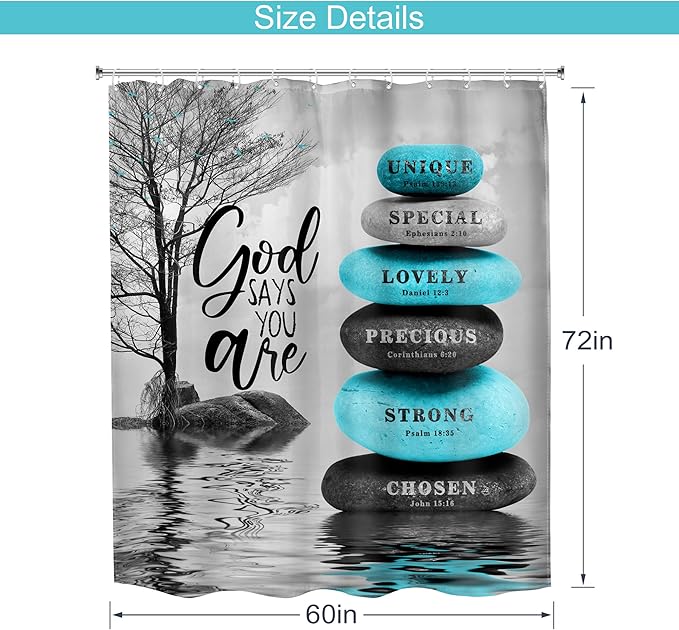MESHELLY Zen Stone Bible Verse Shower Curtain 60Wx72H Teal Blue Spa Relaxing Meditation Massage Quotes Bathroom Curtain Black Tree Inspirational Bath Curtain Gray Bathroom Decor Fabric with 12 Hooks