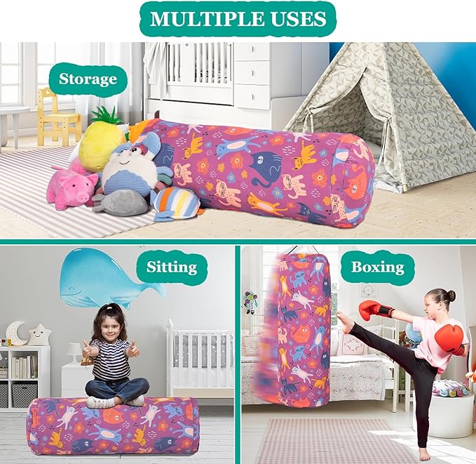Stuffed Animal Bean Bag Storage Chair for Kids Cover Only (No Filler), Organize, Sit, Play & Boxing, 100% Cotton Canvas Washable, Ultra Soft Cylinder Long Vertical Zipper Best Gift for Child