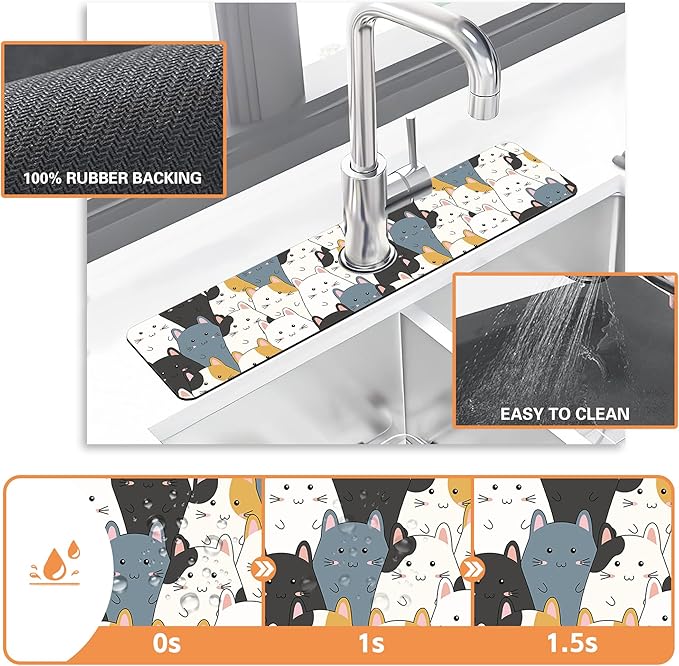 Kitchen Faucet Mat Cute Cartoon Kitten Family Kitchen Sink Splash Guard Faucet Mat,1 PC Splash Guard Behind Faucet Drip Catcher for Kitchen,Dish Drying Mat,Bathroom Faucet Mat 23.5""X5.5""