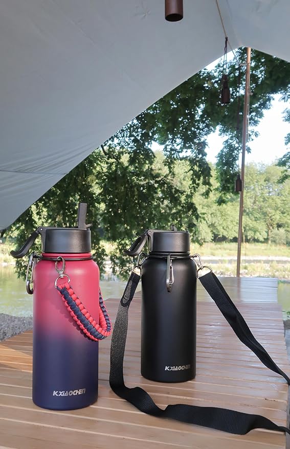 32 oz Insulated Water Bottle with Paracord Handles & Strap, 2 Lids(Straw Lid&Spout Lid), Stainless Steel Reusable Wide Mouth Metal Water Bottle With Straw, Double Walled, Thermo Mug(Dark Rainbow)