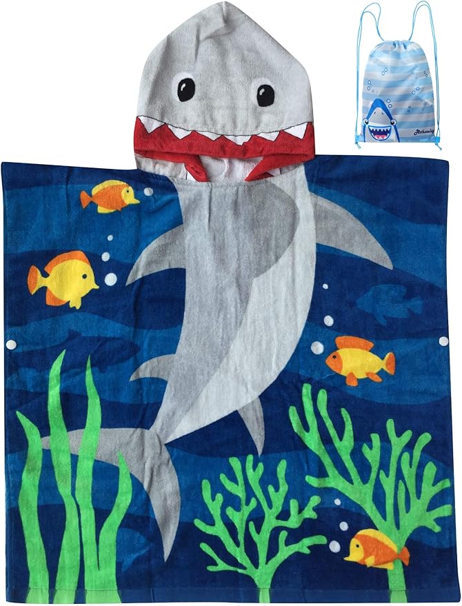 Soft Cotton Catroon Shark Towel Poncho for Kids Bath Beach Pool Swim with Drawstring Bag