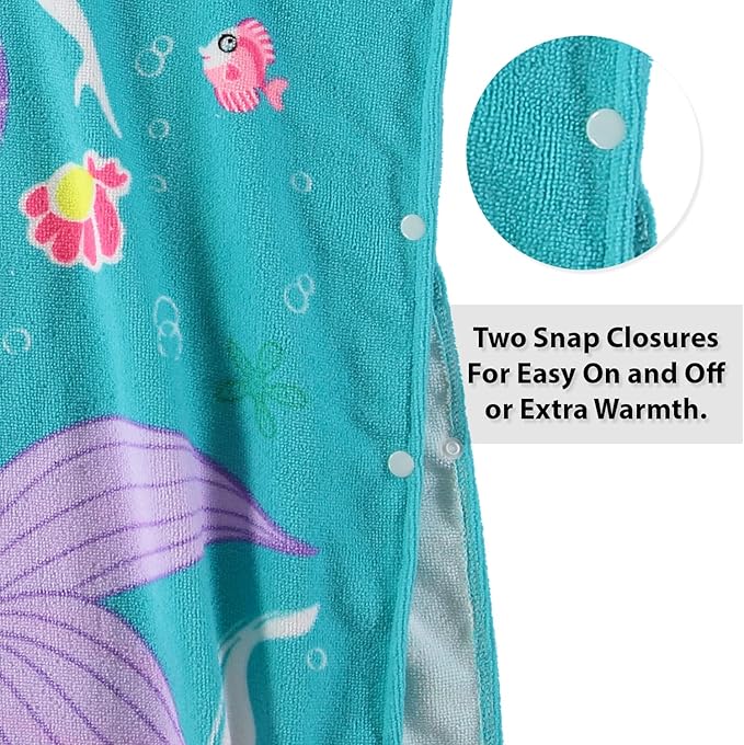 Boys and Girls Absorbent Hooded Beach Towel Pullover Character Microfiber Bath Towel with Side Snaps (Mermaid, 2-3T)